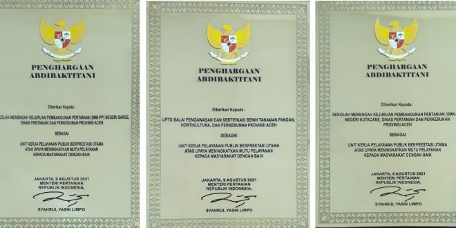 Unit Kerja Distanbun Aceh Raih Penghargaan Dari Mentan, Gubernur Ucapkan Selamat