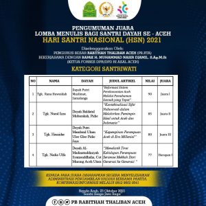 Rabithah Thaliban Aceh Adakan Lomba Menulis di Hari Santri, Ini Juaranya