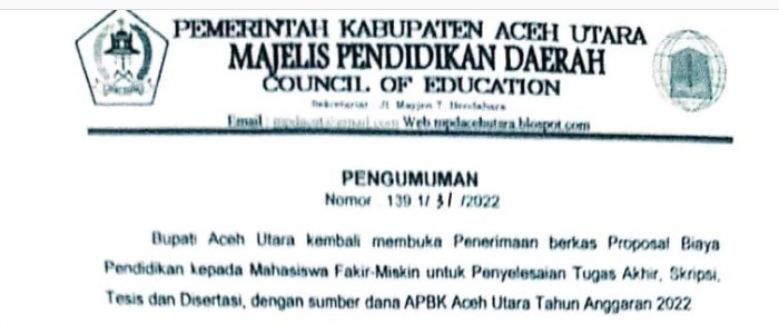 Pemkab Aceh Utara Buka Pendaftaran Proposal Beasiswa, Catat Syaratnya