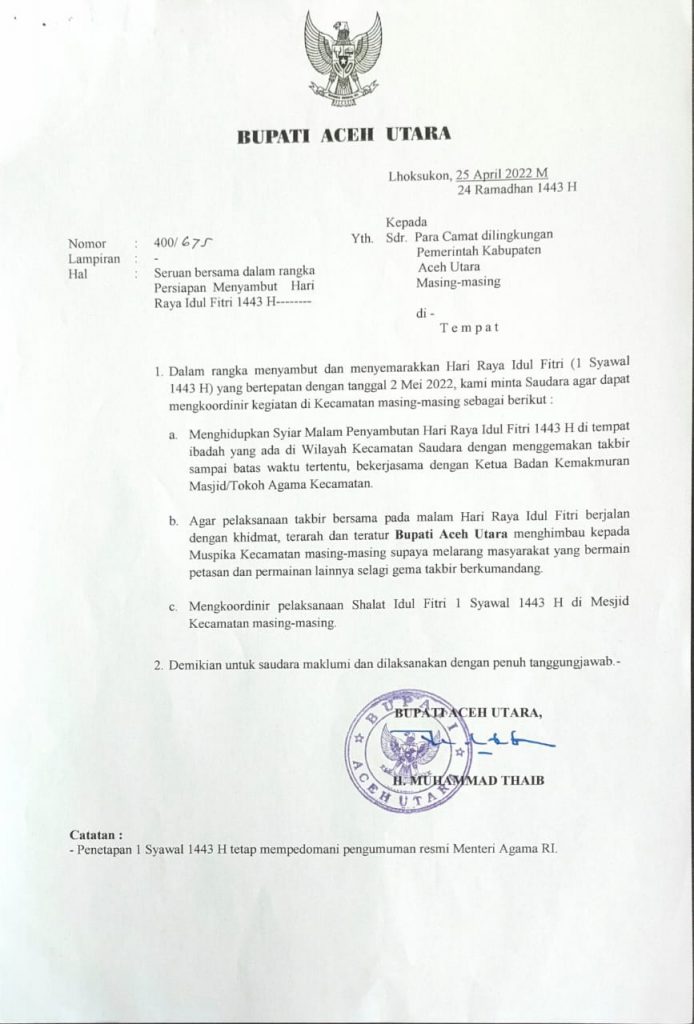 Malam Idul Fitri, Aceh Utara Imbau Masyarakat Hidupkan Syiar di Masjid