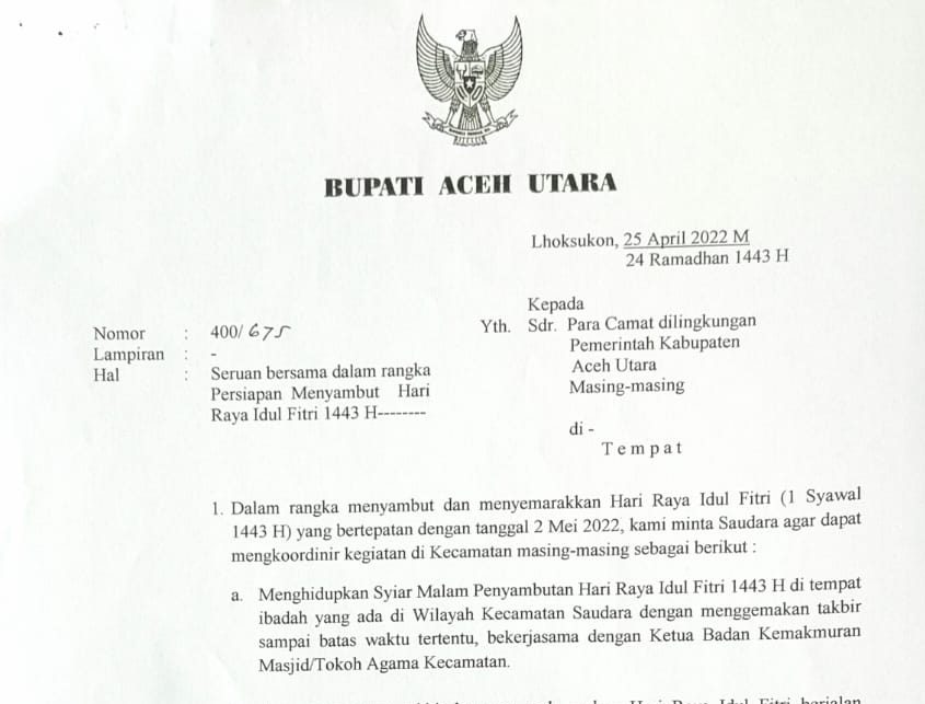 Malam Idul Fitri, Aceh Utara Imbau Masyarakat Hidupkan Syiar di Masjid