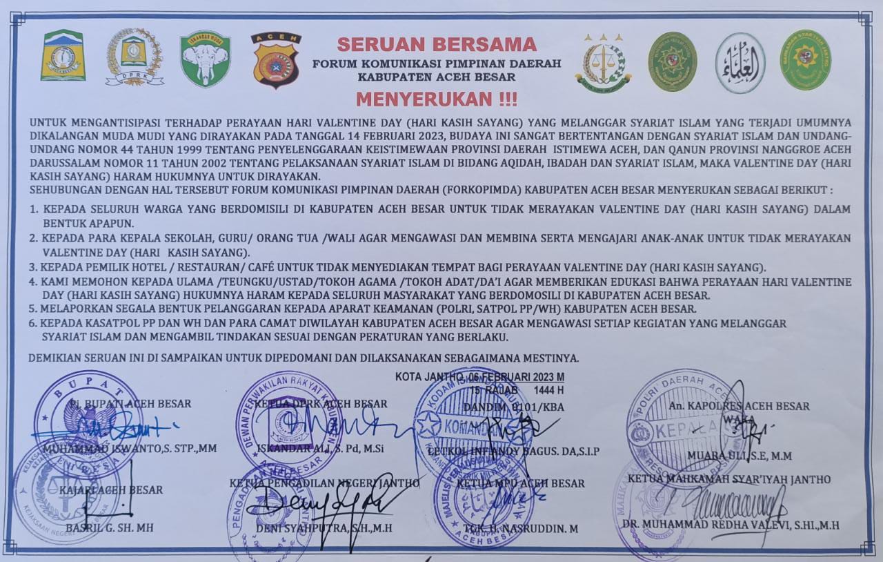 Dukung Forkopimda Aceh Besar, MPU Aceh Sebut Valentine Day Tidak Sesuai Kaidah Agam