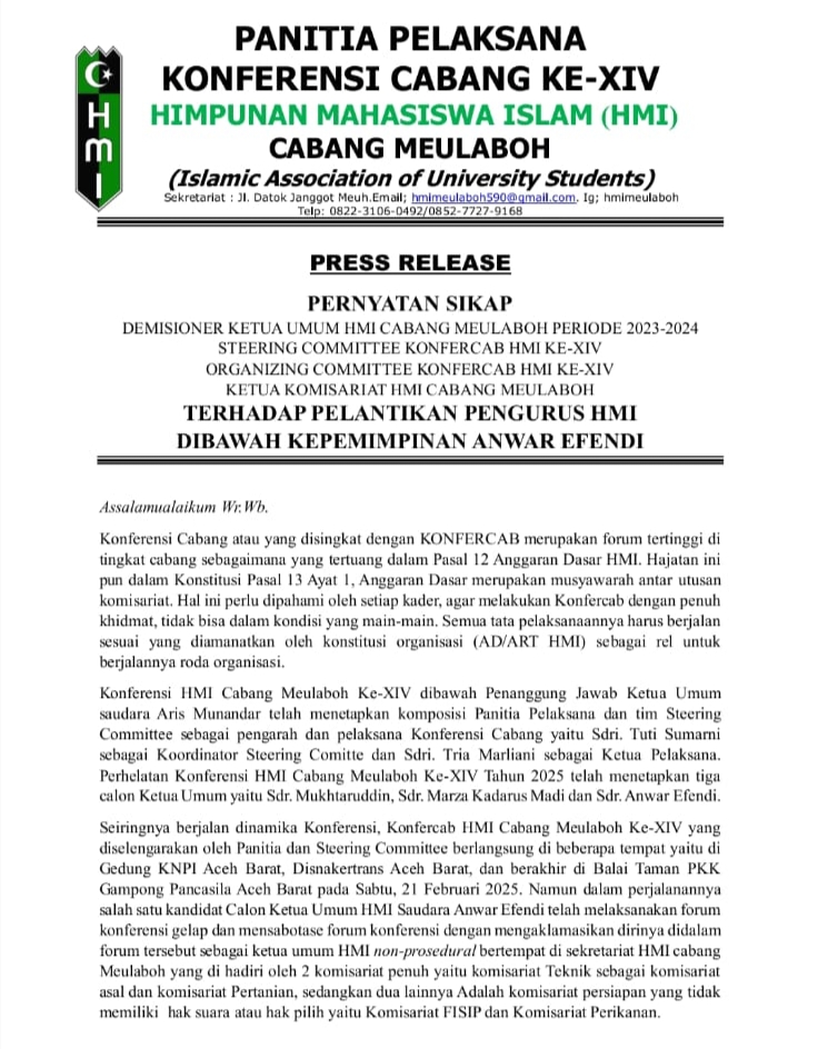 Diduga Sarat Masalah, Steering Committee Pelantikan HMI Meulaboh Khawatir Picu Konflik 