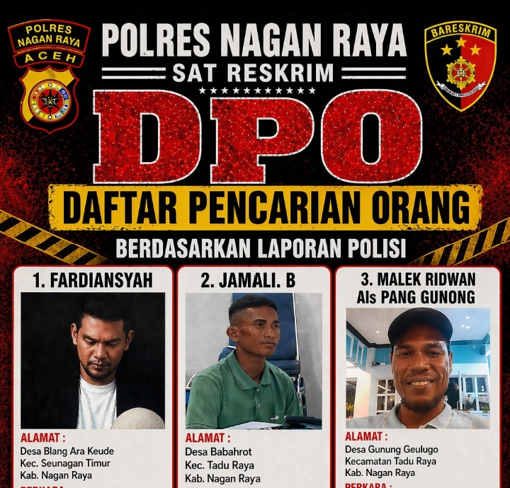 Polres Nagan Raya Tetapkan Tiga DPO, Terlibat Kasus Kekerasan hingga Pencurian