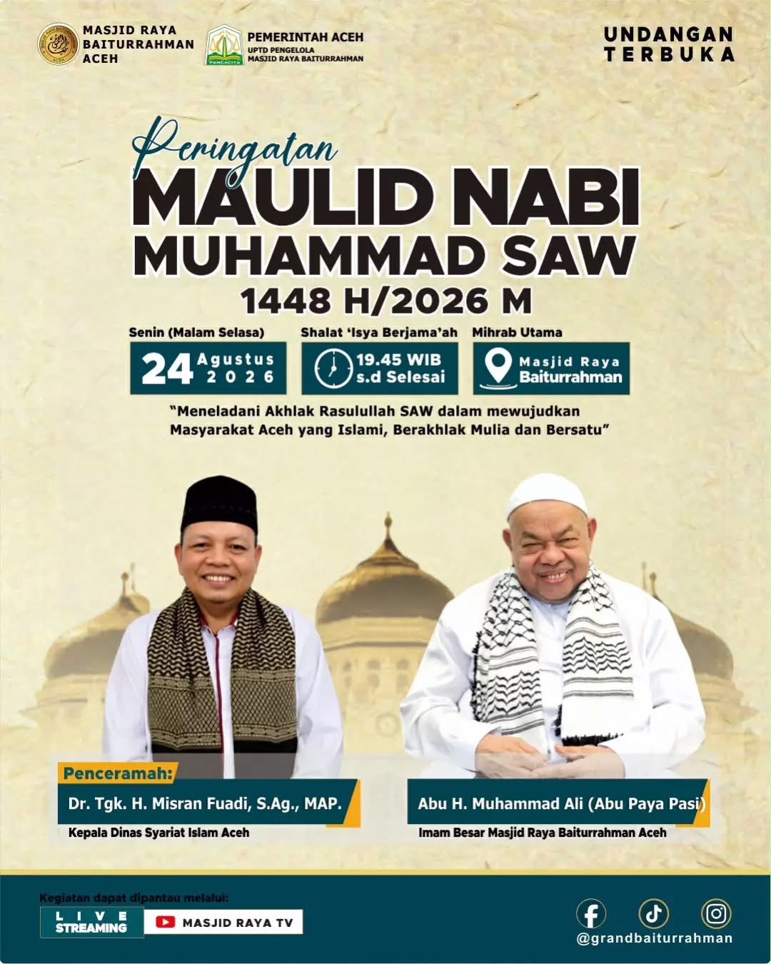 Abu Paya Pasi Ajak Masyarakat Aceh Hadiri Maulid Nabi di Masjid Raya Baiturrahman