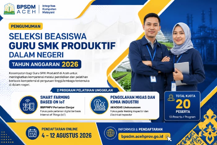 BPSDM Aceh Buka Seleksi Beasiswa Guru SMK Produktif 2026, Kuota 20 Peserta